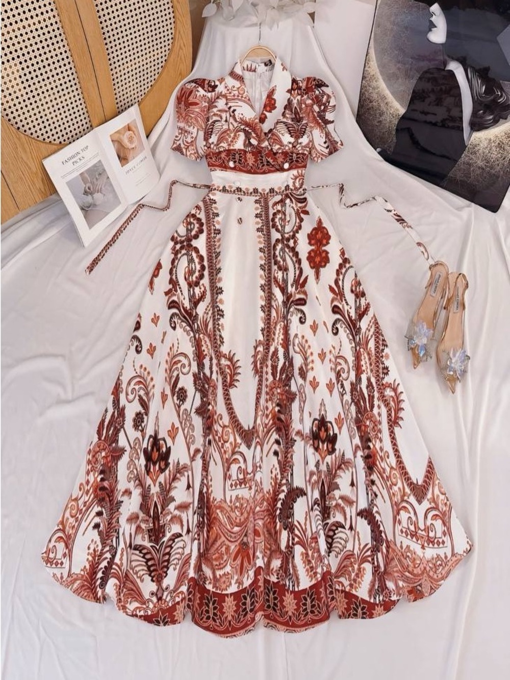 Boho Maxi Dress in White and Rust Paisley